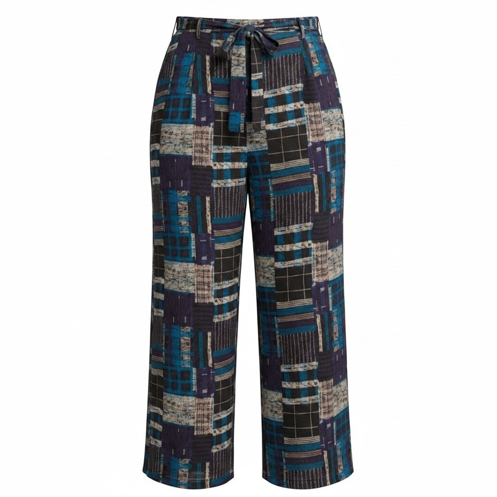 ModCloth Patchwork Plaid Wide Leg Pants Womens 2X Blue Purple Belted‎ Boho Retro